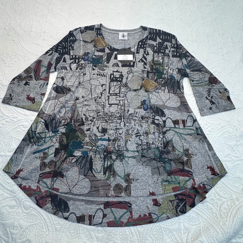 Inoah Gray Abstract Graphic Print A-Line Tunic Top 3/4 Sleeve T208T Small NEW
